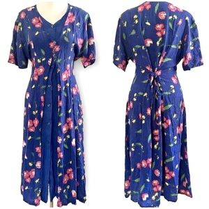 Vintage Womens Navy Blue Pink Floral Layered Belted Cottagecore Midi Dress sz L